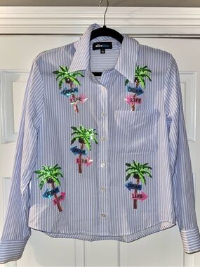 Alice Blue Blue & White Striped Sequin Palm Button-Down Shirt